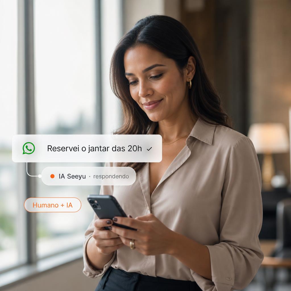 Atendente brasileira em ambiente moderno conversando no WhatsApp com apoio do agente de IA da Seeyu